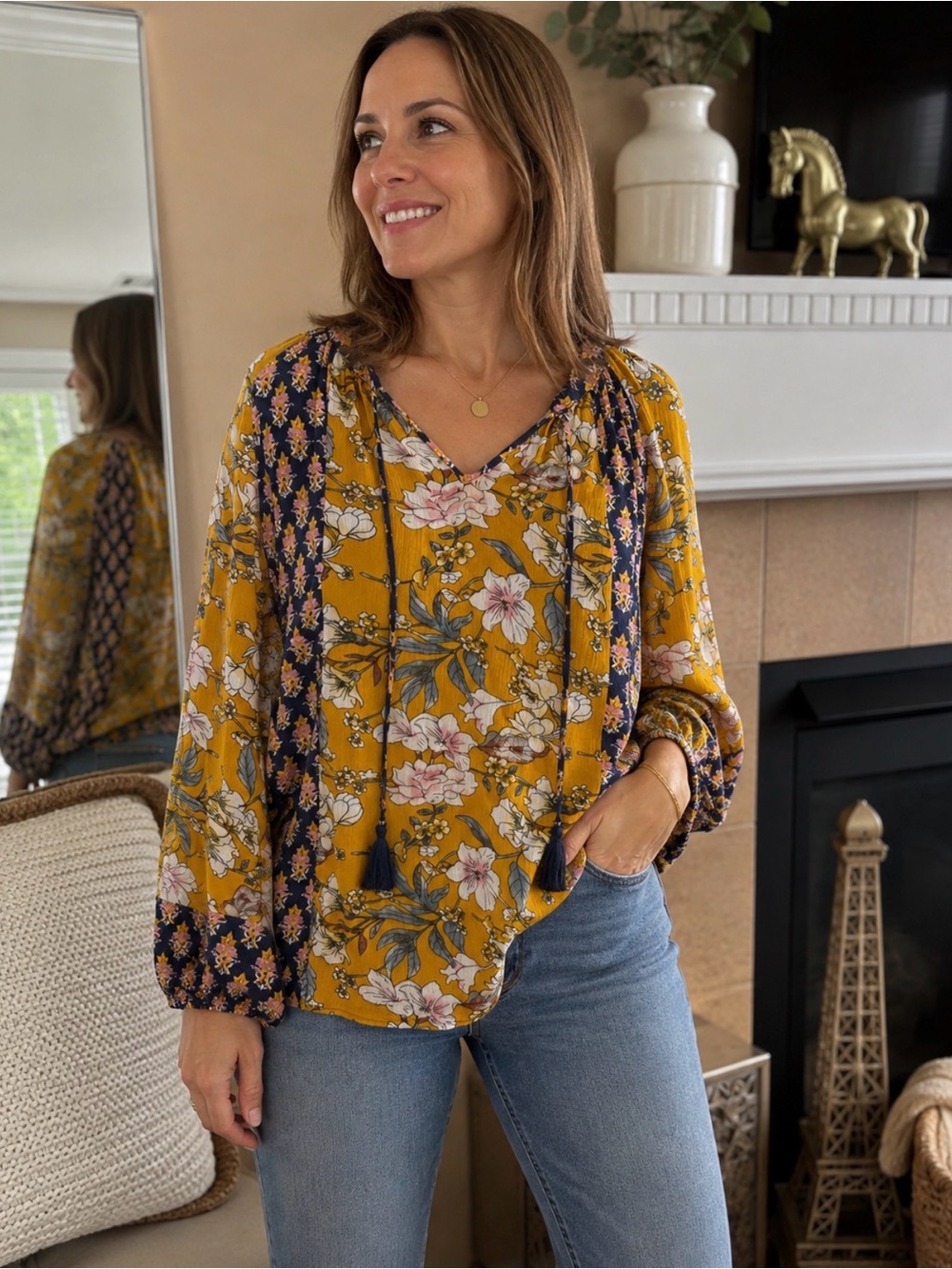 Tribal boho size large Mustard Floral Long-Sleeve Peasant Blouse